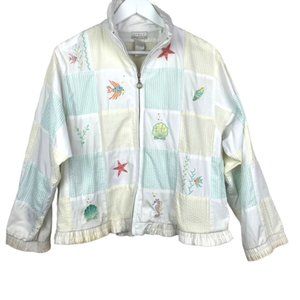 Vintage KORET FRANCISCA Petites Womens M Sealife Embroider Shell Zip Up Jacket
